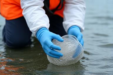 Zinātnieki savāc mikroplastmasas paraugus no Baltijas jūras pludmales ar speciālu sietu.