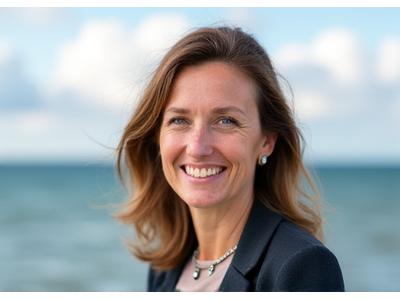 Dr. Anna Bērziņa, jūras bioloģijas eksperte, smaida kamera fonā ar mierīgu jūras ainavu.