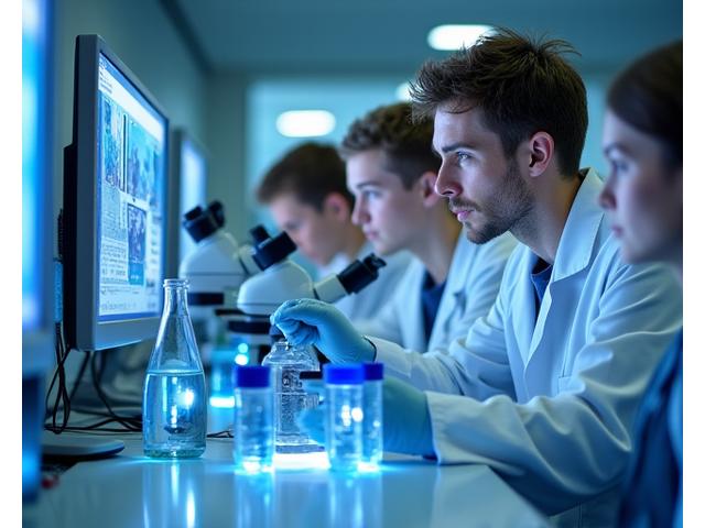 Pusaudži strādā laboratorijā, analizējot ūdens paraugus. Vidusskolas izglītības kursi.