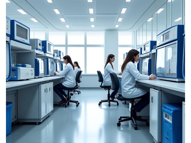 Mūsdienīga molekulārās bioloģijas laboratorija ar zinātniekiem, kas strādā pie dārgām iekārtām