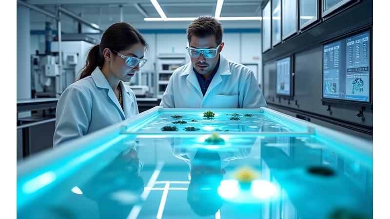 Zinātnieki strādā ar koraļļu kultūrām sterilā, augsto tehnoloģiju laboratorijā
