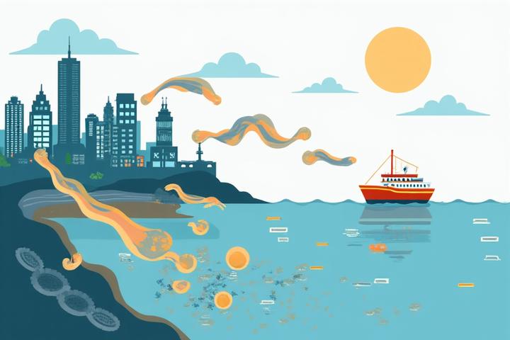 Infografika, kas parāda dažādus mikroplastmasas avotus: pilsētu notekūdeņus, zvejas aprīkojumu, riepu nodilumu un tekstilizstrādājumus.