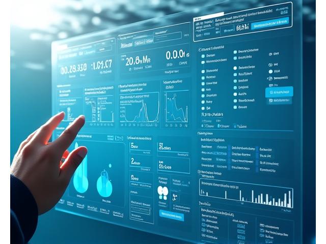 Interaktīvs zemūdens monitoringa informācijas panelis, kas attēlo reāllaika datus par ūdens kvalitāti Baltijas jūrā ar spilgtiem grafikiem un kartēm.